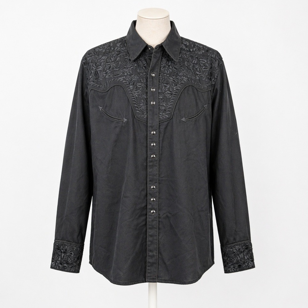 Vtg Scully Floral Embroidered Pearl Snap Western Shirt Size M Black Long Sleeve